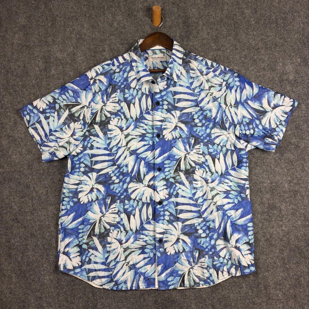 Tommy Bahama The Coconut Point IslandZone Blue Tropical Leaf Print Shirt XL